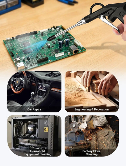 Heavy Duty Industrial Air Blow Gun With One Steel Extension Tube For Tight Squeeze Spots All Metal Construction Uses A Quarter Inch Npt Quick Connect To Bolt Straight Onto Your Compressor And Clear Dust Like A Champ, used for cleaning electronics.