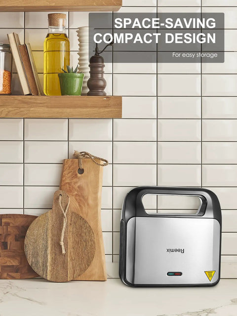 Reemix 3-In-1 Waffle Grill And Sandwich Maker Panini Press With 750W Power in a compact kitchen setting for easy storage.