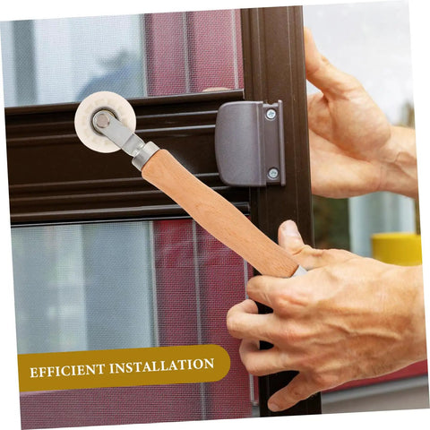 Screen Roller Tool With Bearing For Window Screen Repair, lightweight wooden handle in use during mesh installation on frame