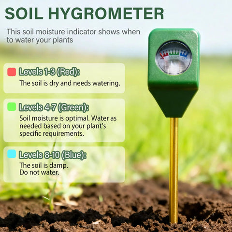 Close-up of soil hygrometer in use, showing moisture levels in a garden setting from the Two Pack Seed Starter Tray With Grow Light Pro Grade.