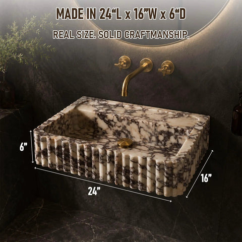 Calacatta Viola Marble Apron Sink, Hand-Carved Fluted Bathroom Washbasin, 24x16x6 inch rectangular natural stone basin.