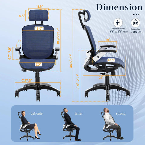 Ergonomic Mesh Office Chair With Adjustable Headrest 90 To 120 Degree Tilt Lock Flip Up Armrests Lumbar Support Blue dimensions.