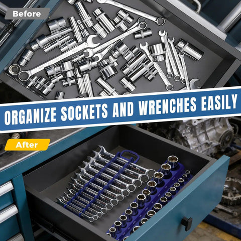 Magnetic Socket And Wrench Organizer Tray Set With Nine Piece That Sticks Like Crazy Three Color Socket Tray neatly arranging tools.