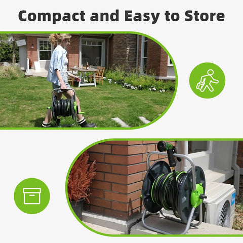 Person carrying Portable Wall Mount Hose Reel Cart For 65 To 100 Ft Of 5 Eighth Inch Hose All In One Garden Hose Holder