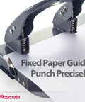Deluxe 3 Hole Punch With Chip Drawer Heavy Duty Paper Punch Delivers Clean 45 Sheet Capacity Ergonomic Padded Handle Desk Workhorse With Standard Hole Size Silver Navy Finish close-up view on handle