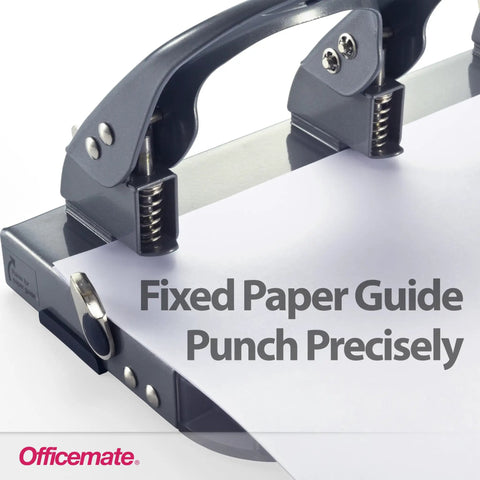 Deluxe 3 Hole Punch With Chip Drawer Heavy Duty Paper Punch Delivers Clean 45 Sheet Capacity Ergonomic Padded Handle Desk Workhorse With Standard Hole Size Silver Navy Finish close-up view on handle