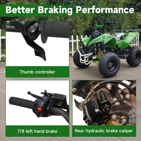 Rear Hydraulic Disc Brake Master Cylinder Caliper Kit For ATV Quad 110cc 125cc 4 Stroke Fits Tao Tao Coolster 70cc 90cc 110cc 125cc Chinese Mini ATVs Roketa Kazuma Loncin SunL NST Ice Bear X Pro Ride Ready displayed with components and ATV installation.