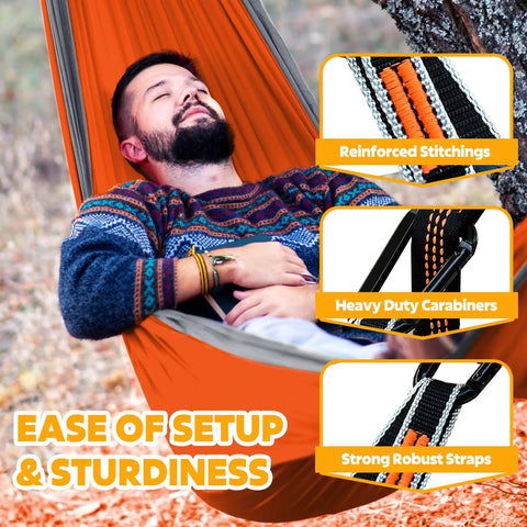 Man relaxing in Ultra Light Travel Camping Hammock With 300kg Load Capacity 275x140 Cm Parachute Nylon with carabiners and straps