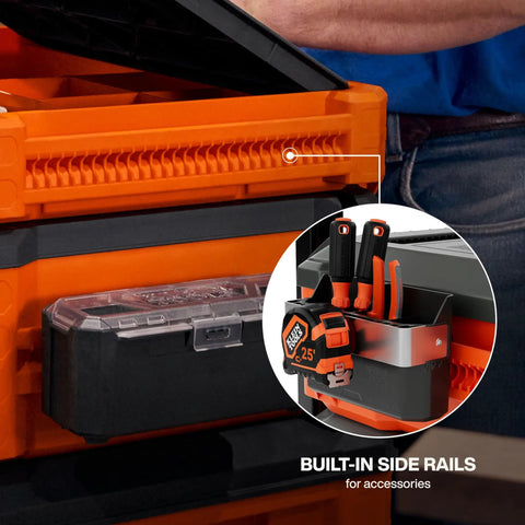 Built-in side rails on MODbox Tray Work Top Grab And Go Portable Work Surface for accessories integration detail view.