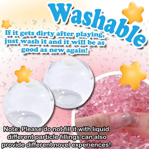 Close-up of DIY Stress Ball Kit showing clear stress balls and pink filling beads for customizable stress relief experience.