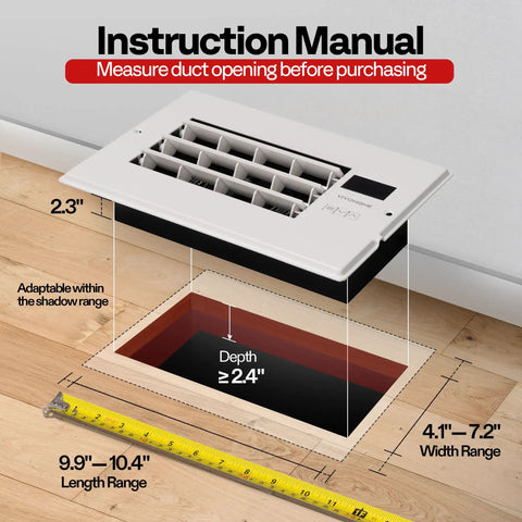 Diagram showing All In One Register Booster Vent Fan With Smart Thermostat And Remote, 6x10 In Opening dimensions and measurements.