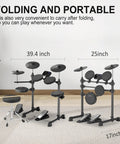 Folded Beginner Electric Drum Set With Quiet Mesh Pads 150 Built In Sounds 8 Inch Cymbals 2 Pedals Throne Sticks Black