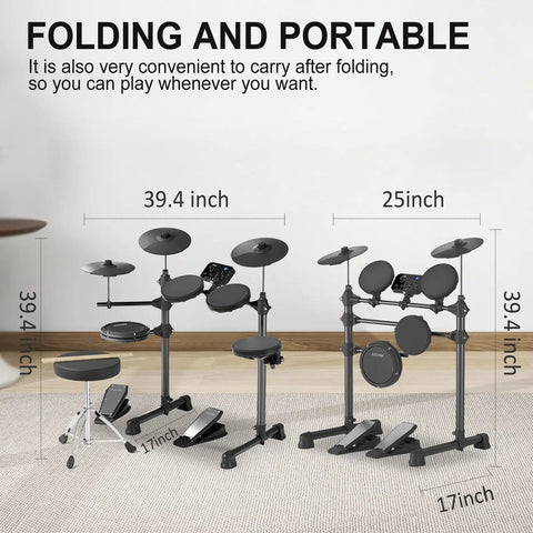 Folded Beginner Electric Drum Set With Quiet Mesh Pads 150 Built In Sounds 8 Inch Cymbals 2 Pedals Throne Sticks Black