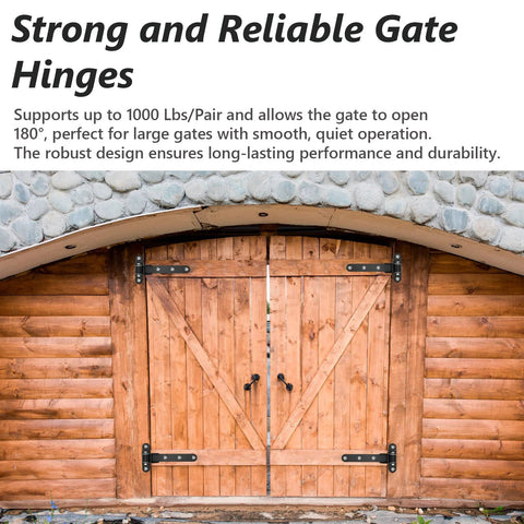 Two black heavy-duty gate hinges mounted on wooden double doors.