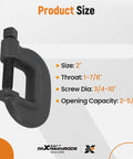 Heavy Duty C Clamp 2-5/16 Inch Opening, 1-7/8 Inch Throat, 3/4-10 Inch Screw, Clamping Force Up To 12,500 Pounds, Machined Hardened Steel With Black Oxide Finish, Perfect For Auto Repair, Metalworking, And Workshop Projects product size view