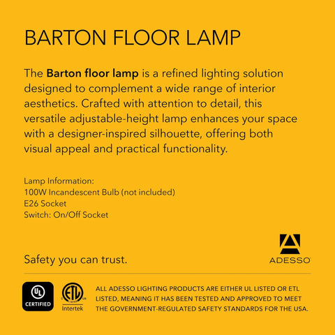 Product description for Barton Floor Lamp highlighting design and UL certification details.