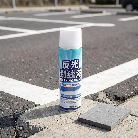 Uonlytech Reflective Hazard Marking Spray, Industrial Safety Warning Paint can on asphalt with parking lines.