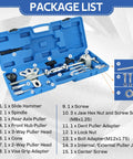 Package list showing 19 Piece Slide Hammer Puller Set With 9 Way Internal And External Pullers in portable case included