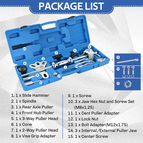 Package list showing 19 Piece Slide Hammer Puller Set With 9 Way Internal And External Pullers in portable case included