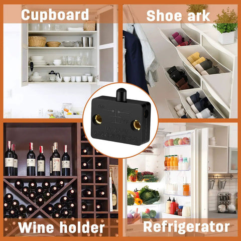 Badass Cabinet Door Switches For Closet Light With Auto Magnetic Trigger 8 Pack Easy Peasy Mounting Kit shown in cupboard and shoe organizer.