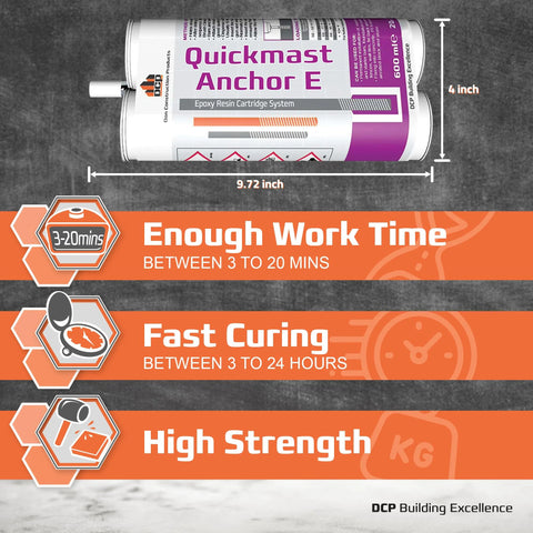 Two-Part Concrete Anchoring Epoxy System Dual Cartridge Fast-Setting For Rebar And Threaded Rods Crack Repair With Extended Working Time 3 To 20 Minutes Strong Bonding Durable 20.2 Fl Oz Per Pack, 2 Pack. Image shows an epoxy cartridge with dimensions and marketing points on work time, curing, and strength.