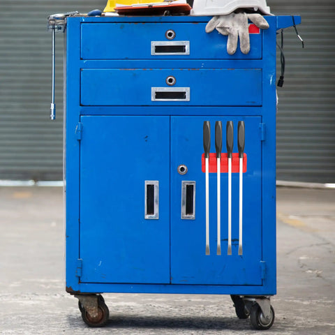 Magnetic Pry Bar Holder With Four Slots And Mounting Holes Low Profile Non Marring TPEE Design on blue tool cart
