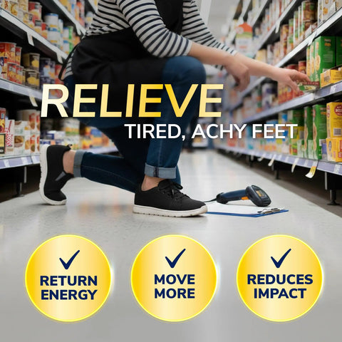 Person kneeling in a store aisle showcasing All Day Work Insoles With Massaging Gel For Women One Pair Trim To Fit for comfort.
