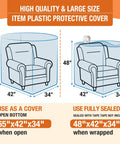 Illustration of blue clear plastic chair cover for large sofa and couch storage, waterproof and dustproof, 65x42x34 inches.