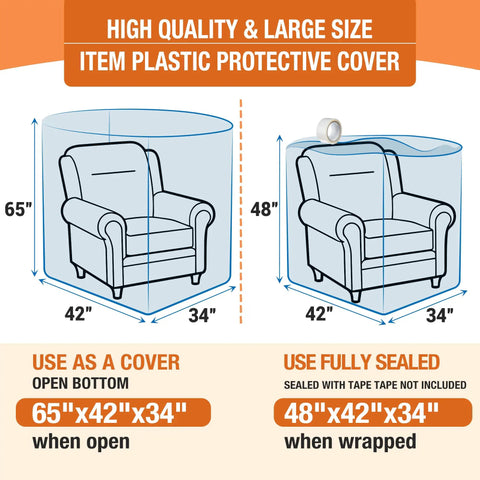 Illustration of blue clear plastic chair cover for large sofa and couch storage, waterproof and dustproof, 65x42x34 inches.
