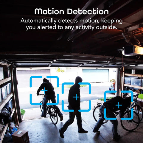 1080p Outdoor Security Camera With Night Vision, Weatherproof, captures motion alerts in dark garage with two people on bikes