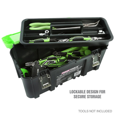 Open 19 Inch Tool Box With Removable Tray And Beefy Handle, Large Plastic Tool Box With Multiple Compartments, holding pliers and tools