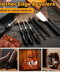 7 Piece Leather Knife Set With Four Edge Bevelers, One Cutting Knife And Two Burnishers displayed with leather items