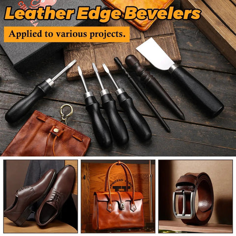 7 Piece Leather Knife Set With Four Edge Bevelers, One Cutting Knife And Two Burnishers displayed with leather items