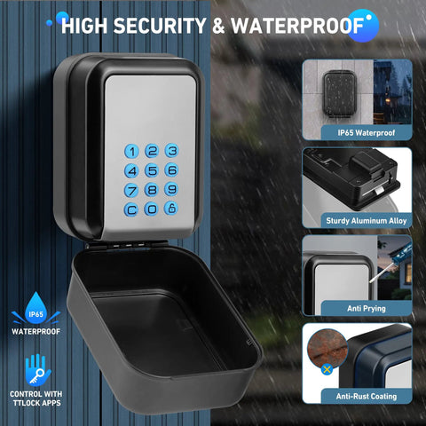 Rock Solid Smart Key Lock Box With Bluetooth Access And Hassle Free Pin Entry Built Tough mounted on wall, showing keypad and waterproof features.