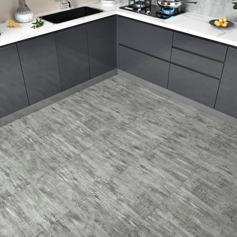 Grey Peel And Stick Floor Tiles 20 Pack, 12x12 Inch, Thick 1.5mm Wood Vinyl Flooring in a modern kitchen setting