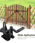 Heavy Duty Gate Latch For Wooden Fence Gates Self Locking With Gravity Closure, shown with wooden gate in garden setting