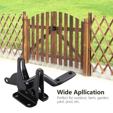 Heavy Duty Gate Latch For Wooden Fence Gates Self Locking With Gravity Closure, shown with wooden gate in garden setting