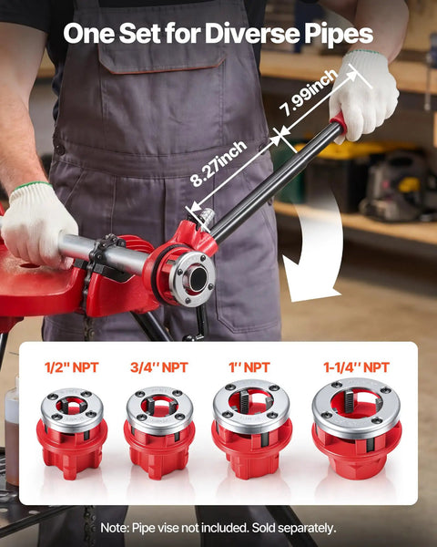 Ratcheting Pipe Threader Kit With Four Dies And Portable Toolbox For Easy Plumbing Install And Repair, Includes 1/2 NPT, 3/4 NPT, 1 NPT, And 1-1/4 NPT Dies, shown with measurement guides.