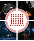 High Visibility Trail Marker Tacks Set 50 Reflective Metal Tacks for night hiking and camping in a multi-scene collage.