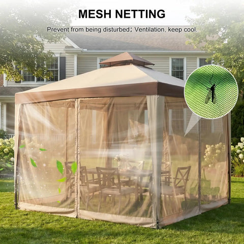10x10 Outdoor Gazebo With Netting And Sun Shade Canopy For Patio And Backyard showing mesh details, beige color