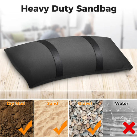Heavy Duty 200 Lb Sandbag Weight Set For Outdoor Umbrella Bases showcasing fillable design and material suitability with dry materials.