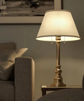 Spyglass Table Lamp With Antique Brass Finish Dope Retro Modern Classic Vibe Linen Shade 30.5 Inch Tall 17 Inch Wide 17 Inch Deep Dual Bulb Ready For Living Room Or Bedroom on side table