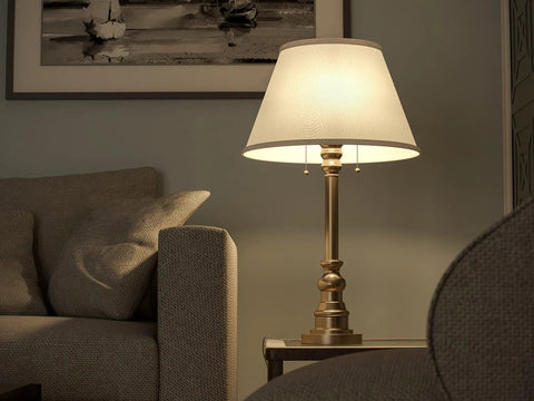 Spyglass Table Lamp With Antique Brass Finish Dope Retro Modern Classic Vibe Linen Shade 30.5 Inch Tall 17 Inch Wide 17 Inch Deep Dual Bulb Ready For Living Room Or Bedroom on side table
