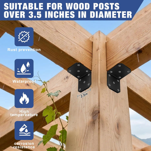 Heavy Duty 4x4 L Bracket Black 90 Degree Corner Post Connector Deck And Pergola Framing Solid Steel Joint Support 2 Pack mounted on wood beams.
