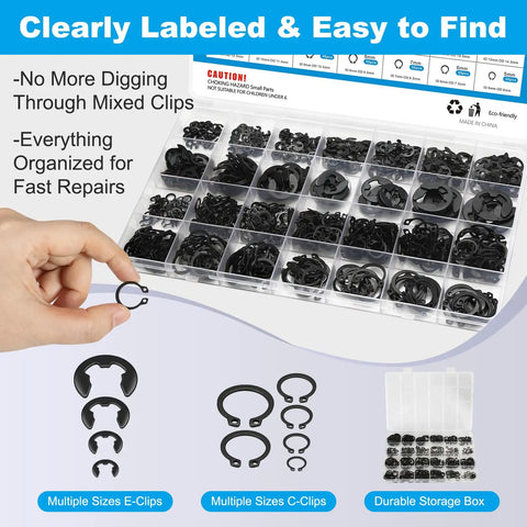 Industrial Grade Black Carbon Steel C Clips And E Clips Kit With 840 Pieces External Retaining Snap Rings For Automotive, Machinery, And Home Repairs Built Tough For Heavy Duty Vibration, Heat, And Corrosion Resistance, organized storage box