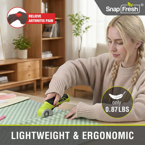 Person using Cordless Electric Scissors 4V Mini Box Cutter With Replacement Blade And Charger For Cardboard, Carpet, Leather.