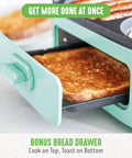 3 In 1 Breakfast Station With Ceramic Nonstick Dual Griddles For Eggs Sausage Bacon Pancakes And Breakfast Sandwiches, 2 Slice Toast Drawer And Easy Timer Turquoise Kitchen Appliance showing toast in drawer.
