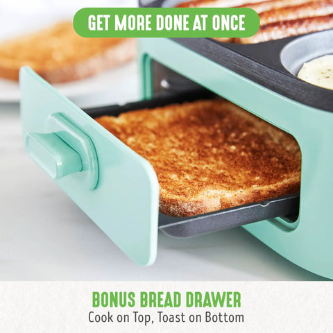 3 In 1 Breakfast Station With Ceramic Nonstick Dual Griddles For Eggs Sausage Bacon Pancakes And Breakfast Sandwiches, 2 Slice Toast Drawer And Easy Timer Turquoise Kitchen Appliance showing toast in drawer.