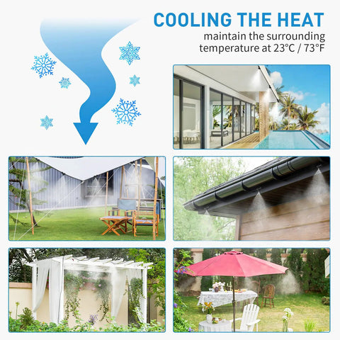 Cooling the heat with 32 Foot Outdoor Misting Kit With Rustproof Nozzles Preassembled Seven Head Mister System for patios and gardens.