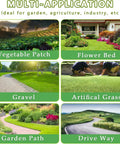 Illustration showing uses for Heavy Duty Landscape Fabric Weed Barrier: vegetable patch, flower bed, gravel, artificial grass, garden path, drive way.